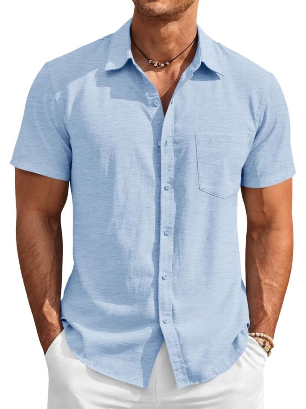 Men's Sky Blue Button Down Linen Short Sleeve Casual Beach Wedding Shirt